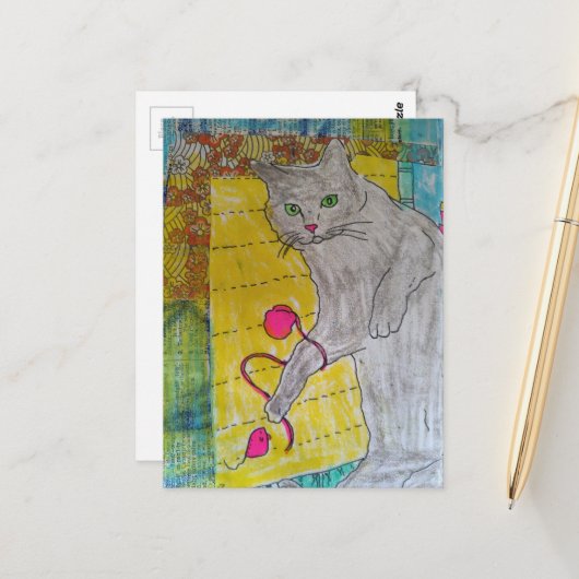 Carte Postale Collage en techniques mixtes de chat gris (Devant/Arrière en situation)