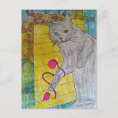 Carte Postale Collage en techniques mixtes de chat gris (Devant)