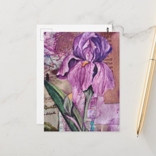 Carte postale collage en techniques mixtes de fleu (Devant/Arrière en situation)