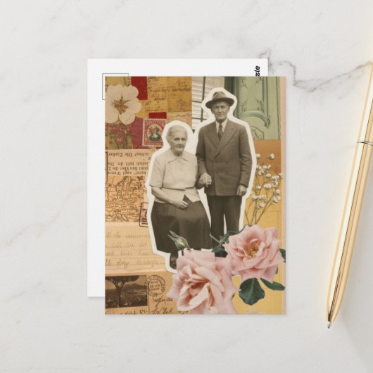 Carte Postale Collage en techniques mixtes de grands-parents (Devant/Arrière en situation)