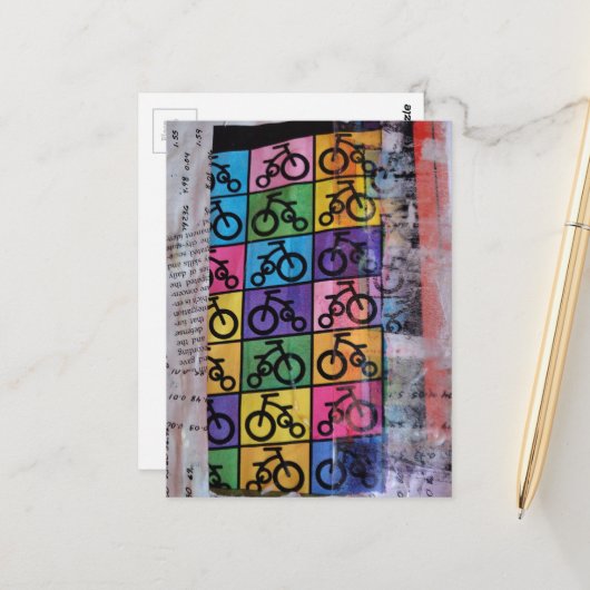 Carte Postale Collage en techniques mixtes de vélos (Devant/Arrière en situation)