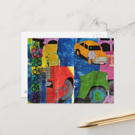 Carte Postale Collage en techniques mixtes de voitures, vélos et (Devant/Arrière en situation)