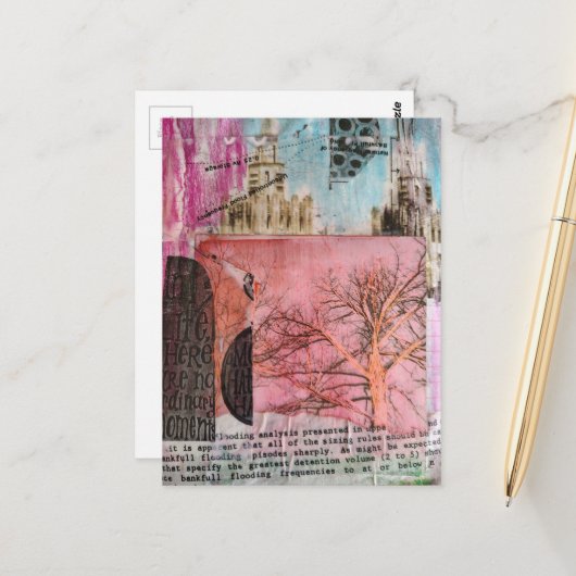 Carte Postale Collage en techniques mixtes d'un arbre d'hiver et (Devant/Arrière en situation)