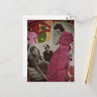 Carte Postale Collage en techniques mixtes Lady en pyjama rose 1