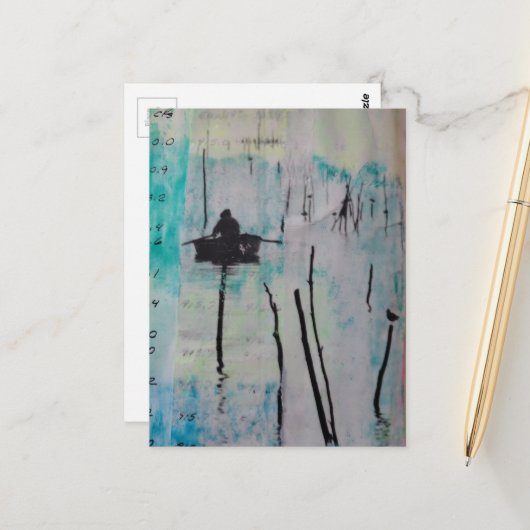 Carte Postale Collage en techniques mixtes représentant un batea (Devant/Arrière en situation)