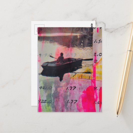 Carte Postale Collage en techniques mixtes rose et jaune Un vieu (Devant/Arrière en situation)