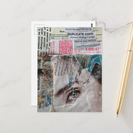 Carte Postale Collage en techniques mixtes sur compte de visage (Devant/Arrière en situation)