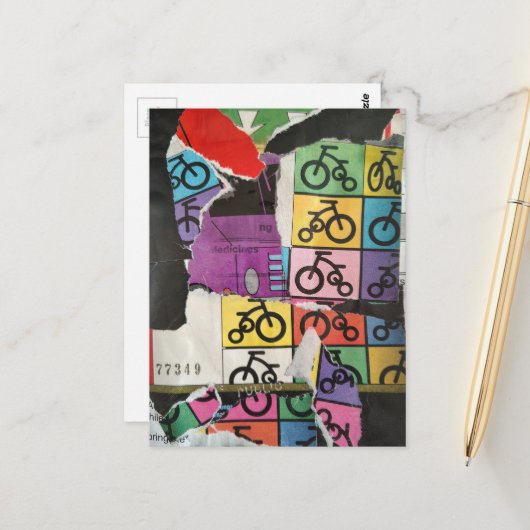 Carte Postale Collage mixte coloré de vélos (Devant/Arrière en situation)
