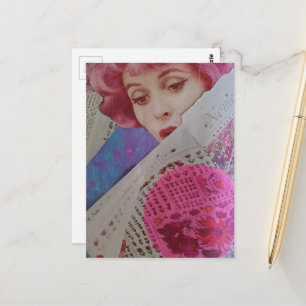 Carte Postale Collage mixte de dame aux cheveux roses rétro magn