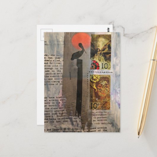 Carte Postale Collage mixte de Pélican (Devant/Arrière en situation)