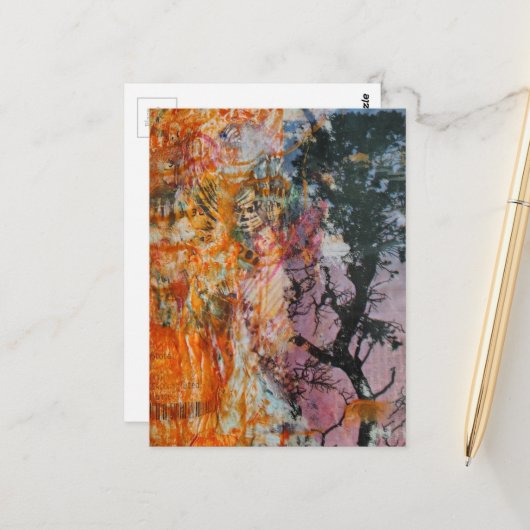Carte Postale Collage multimédia Arbre Rose Orange Bleu Noir (Devant/Arrière en situation)