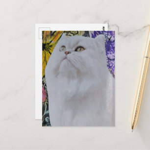 Carte Postale Collage multimédia chat blanc dans les fleurs