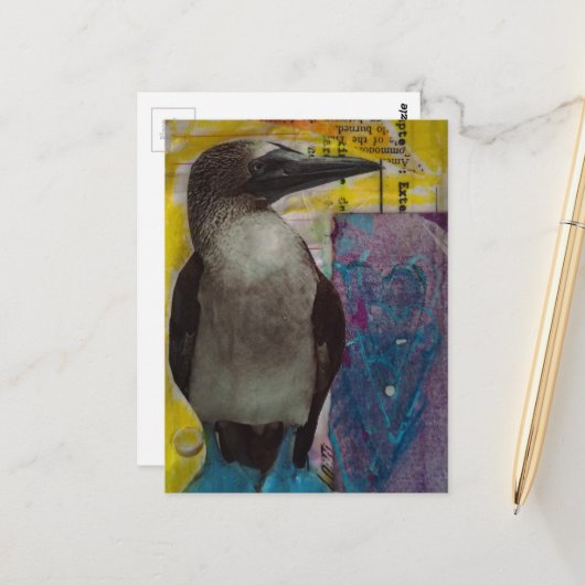 Carte Postale Collage multimédia d'oiseau à pattes bleues (Devant/Arrière en situation)