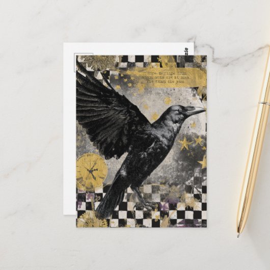 Carte Postale Collage multimédia mixte Corbeau (Devant/Arrière en situation)