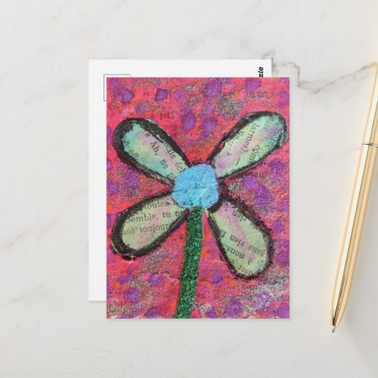 Carte Postale Collage multimédia mixte de fleurs (Devant/Arrière en situation)