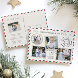 Carte postale Collage photo Air Mail Holiday<br><div class="desc">Le design unique de la carte postale de vacances prend son allure de cartes postales vintages, avec une bordure rayée bleue et rouge et des photos de style timbre. Customisez le front avec votre nom de famille, un court salut de vacances (montré avec "l'envoi de joie"), et quatre photos. Ajoutez...</div>
