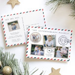Carte postale Collage photo Air Mail Holiday | Bla<br><div class="desc">Le design unique de la carte postale de vacances prend son allure de cartes postales vintages, avec une bordure rayée bleue et rouge et des photos de style timbre sur un arrière - plan blanc immaculé. Customisez le front avec votre nom de famille, un court salut de vacances (montré avec...</div>