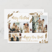 Carte Postale Collage photo de Noël Feuillage doré moderne 4 (Devant / Derrière)