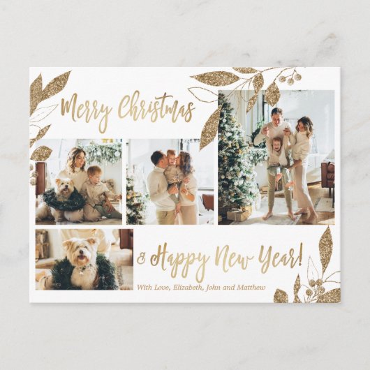Carte Postale Collage photo de Noël Feuillage doré moderne 4 (Devant)