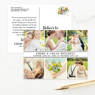 Carte Postale Collage photo mariage Merci noir et blanc