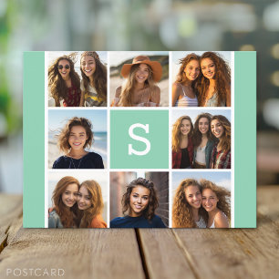 Carte Postale Collage photo Monogramme personnalisé vert menthe