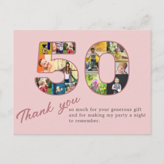 Carte Postale Collage photo rose pastel pour remerciements 50 an (Devant)