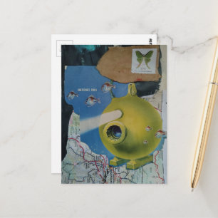 Carte Postale Collage Poisson et Papillon de Nuit Sous-Marin Ver