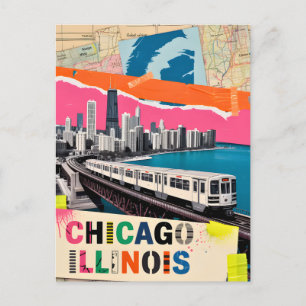 Carte Postale Collage Pop Art Train de la Skyline de Chicago Voy