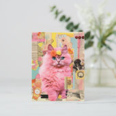Carte Postale Collage Rétro de Chat Rose Fluffy (Debout devant)