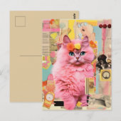 Carte Postale Collage Rétro de Chat Rose Fluffy (Devant / Derrière)