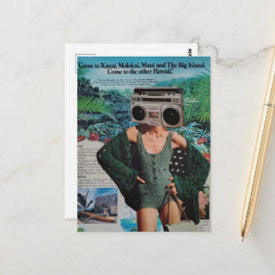 Carte Postale Collage surréaliste de femme à Hawaii avec boombox