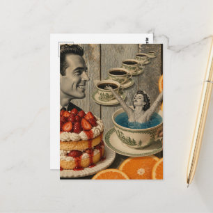 Carte Postale Collage surréaliste Douces Pensées Café Nage Dame