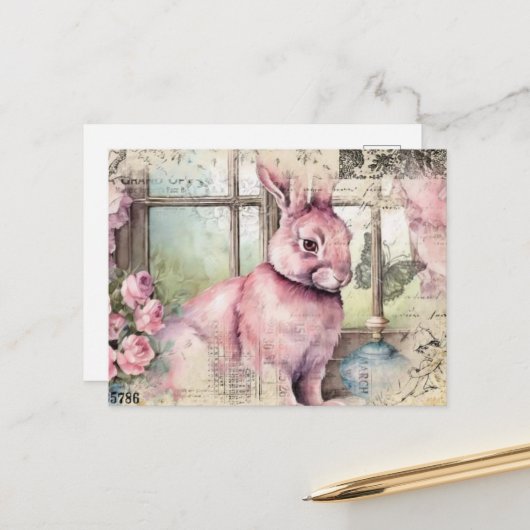 Carte Postale Collage Vintage de lapin rose (Devant/Arrière en situation)