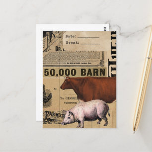 Carte Postale Collage vintage de porc et de vache