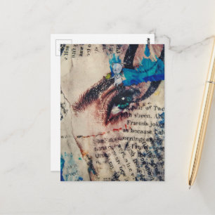 Carte Postale colle abstrait de mots de peinture bleue