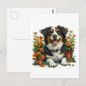 Carte Postale Collie Bordure Mignonne En Fleurs (Devant / Derrière)