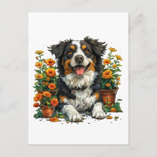 Carte Postale Collie Bordure Mignonne En Fleurs (Devant)