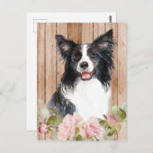 Carte Postale Collie de frontière à l'aquarelle & Fleurs (Devant / Derrière)