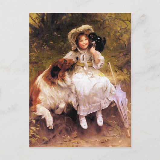 Carte postale : Collie Dog, Girl and Cat (Devant)