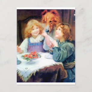Carte Postale Collie Pet Dog et deux filles.