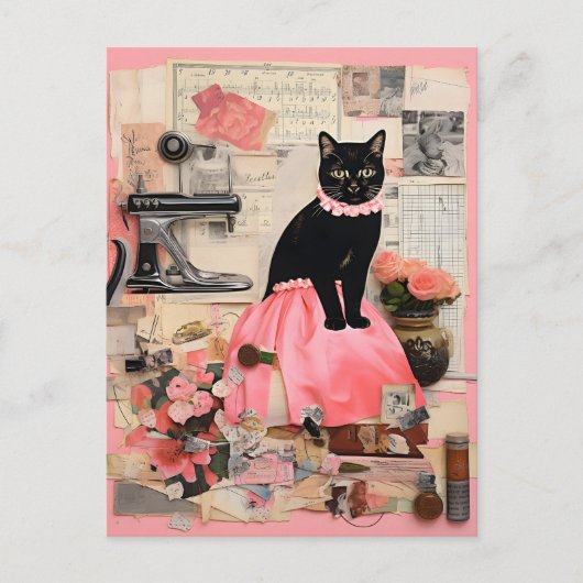 Carte Postale Collier de chat noir Retro Collage (Devant)