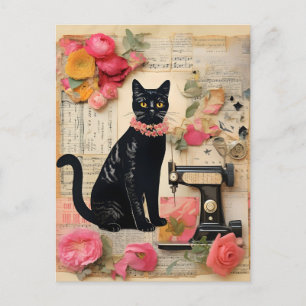 Carte Postale Collier de perles de chat noir de couture rétro Co