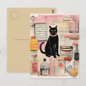 Carte Postale Collier de perles de chat noir rétro Collage (Devant / Derrière)