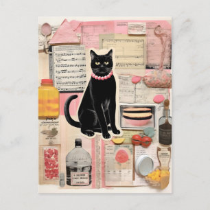 Carte Postale Collier de perles de chat noir rétro Collage