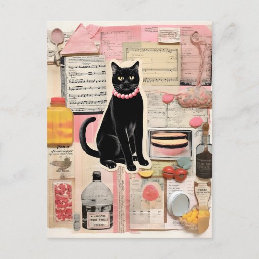 Carte Postale Collier de perles de chat noir rétro Collage (Devant)
