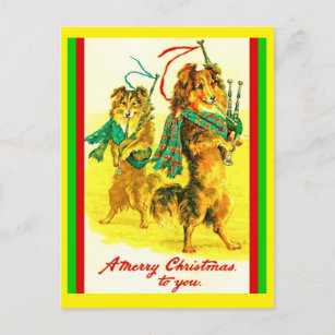 Carte Postale Collies écossaises vintages, Bagpipes Joyeux Noël