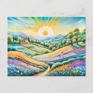 Carte Postale Colline estivale avec champs de lavande et de fleu