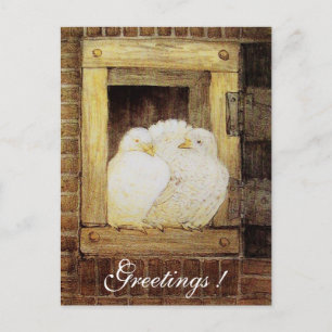 Carte Postale COLOMBES BLANCHES À LA FENÊTRE antique marron jaun