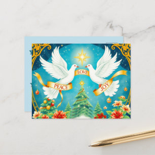 Carte Postale Colombes de Noël, Sapin de Noël, Amour,Paix, Joie