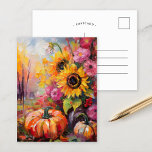 Carte Postale Coloré Automne Floral et Citrouille<br><div class="desc">Une peinture abstraite moderne et vibrante qui présente un agencement ludique de citrouilles, de tournesols et d'autres feuillages d'automne. Les tons d'automne riches comme l'orange brûlée, les rouges profonds, les roses et les jaunes dorés se marient avec des touches douces et des éclats de couleur audacieux. Le style abstrait ajoute...</div>
